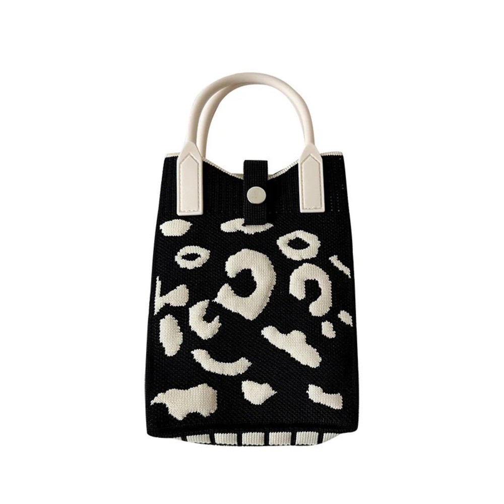 Knit Purse Bag Crossbody Black and Off White Cheetah Leopard